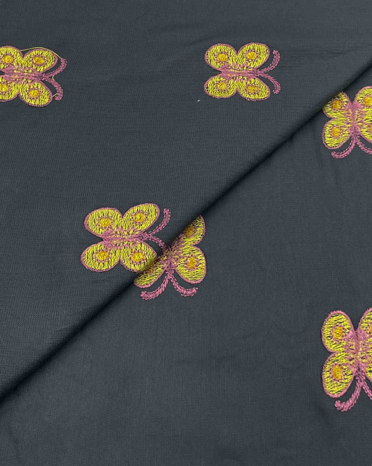 Charcoal Butterfly Kutail Linen Embroidery