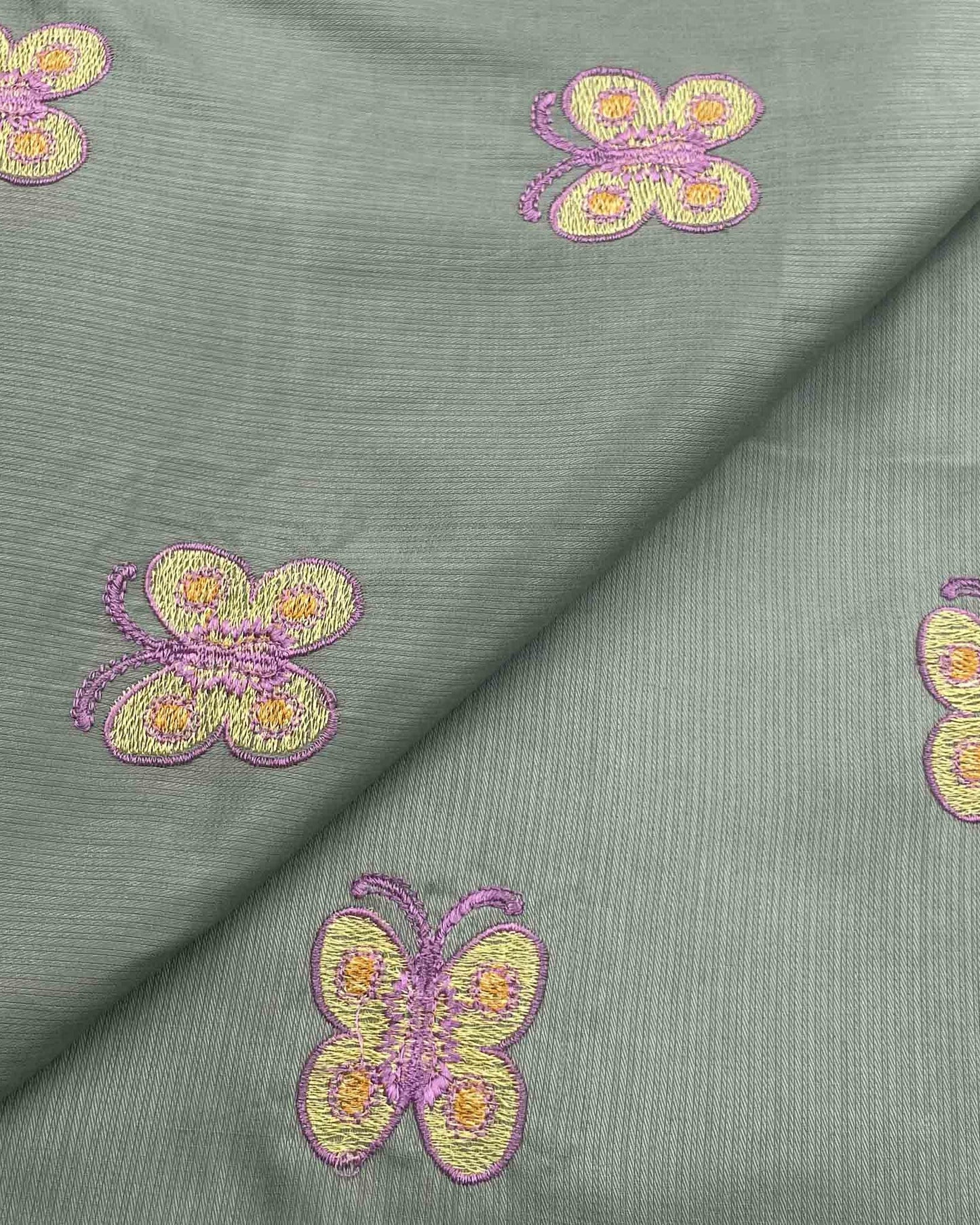Sage Green Butterfly Kutail Linen Embroidery